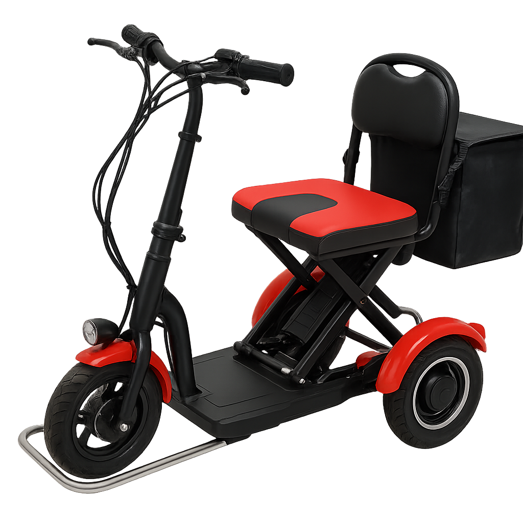 E-Scooter, Dreirad-Scooter, Rot, Schwarz, Sitzbox