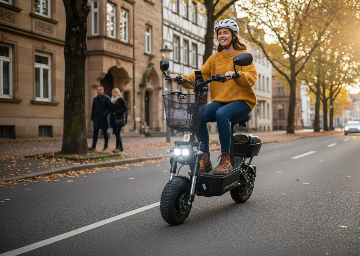 STREETBOOSTER Allrad - E‑Scooter mit Sitz und Straßenzulassung, Roller, Mantel, Erwachsener, Person, Frau, Roller, Mantel, Erwachsener, Person, Frau